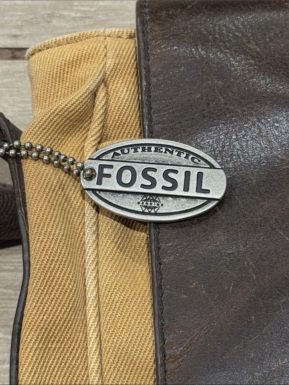 Fossil Canvas Messenger Bag in Tan and Dark Brown Leather